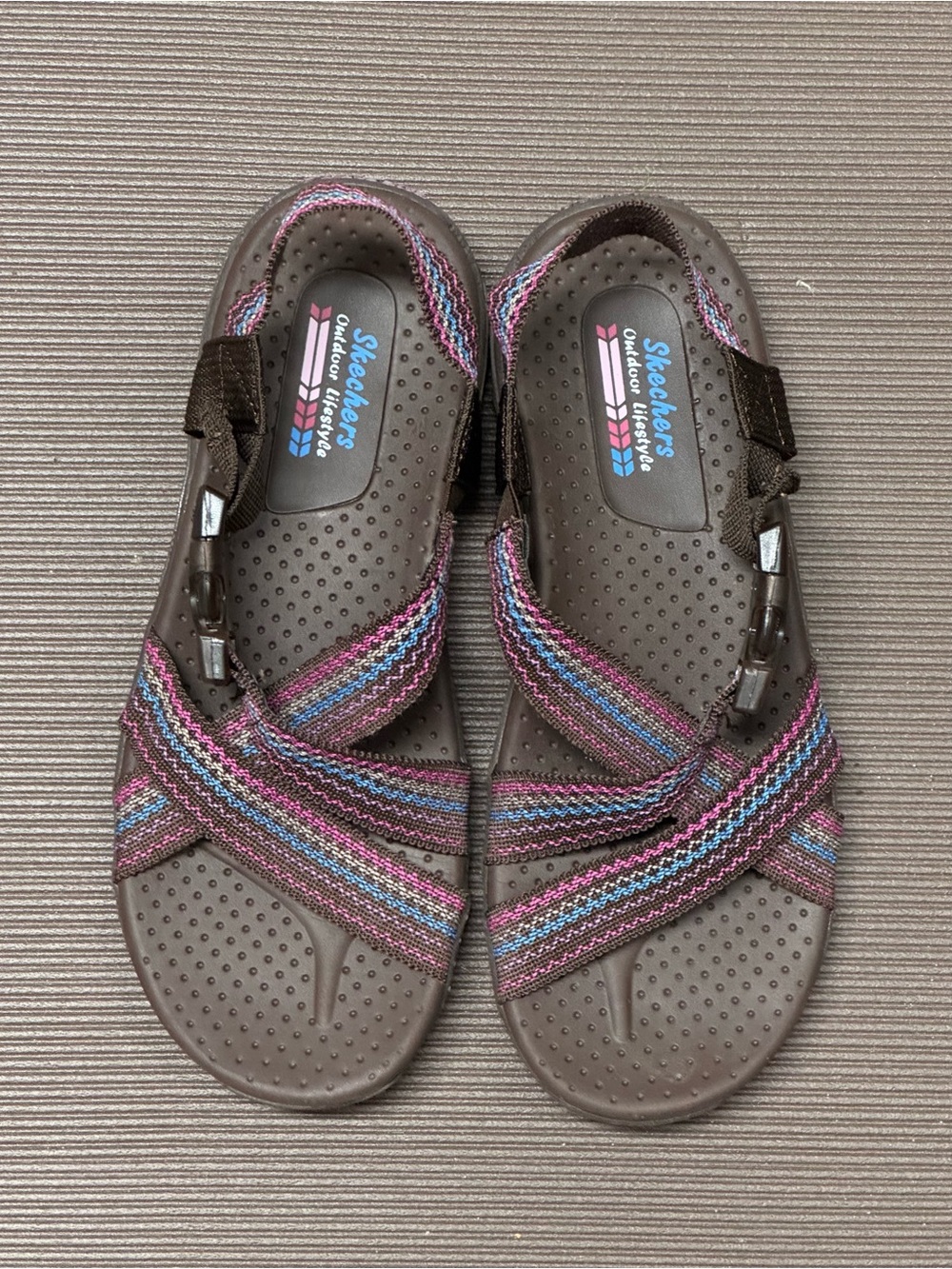 Skechers Reggae Outdoor Sandals Women’s Size 7 Multicolor Woven Straps Brown Y2K